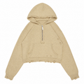 Vivet Oatmeal Distressed Cropped Zip-Up Hoodie