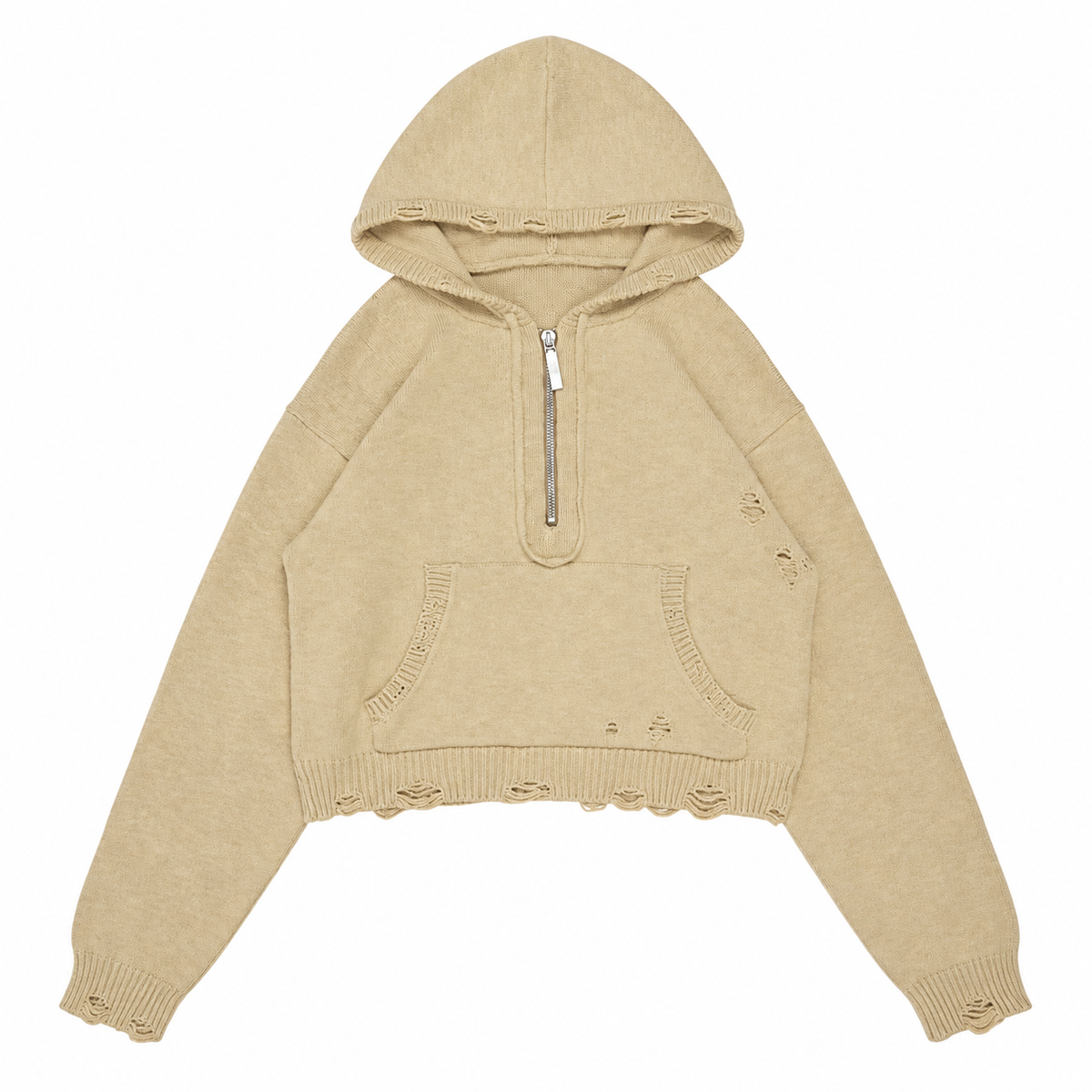 Vivet Oatmeal Distressed Cropped Zip-Up Hoodie